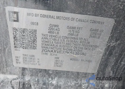 2019 Chevrolet Equinox Lt z USA, uszkodzony, nr VIN 2GNAXVEX0K6139596